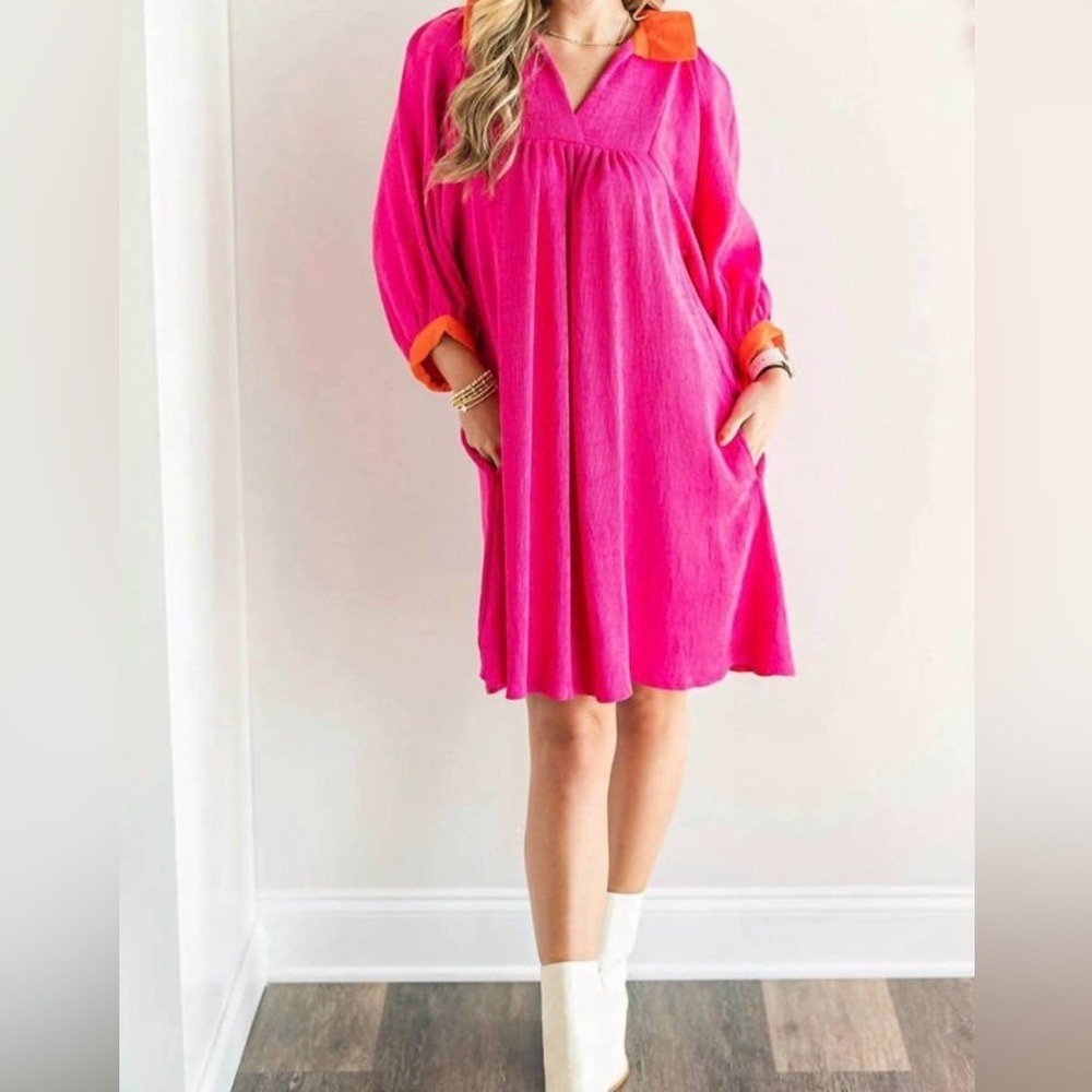 Emily McCarthy Poppy Dress Hot Pink Orange Ruffle Collar Puff Sleeve Mini Small